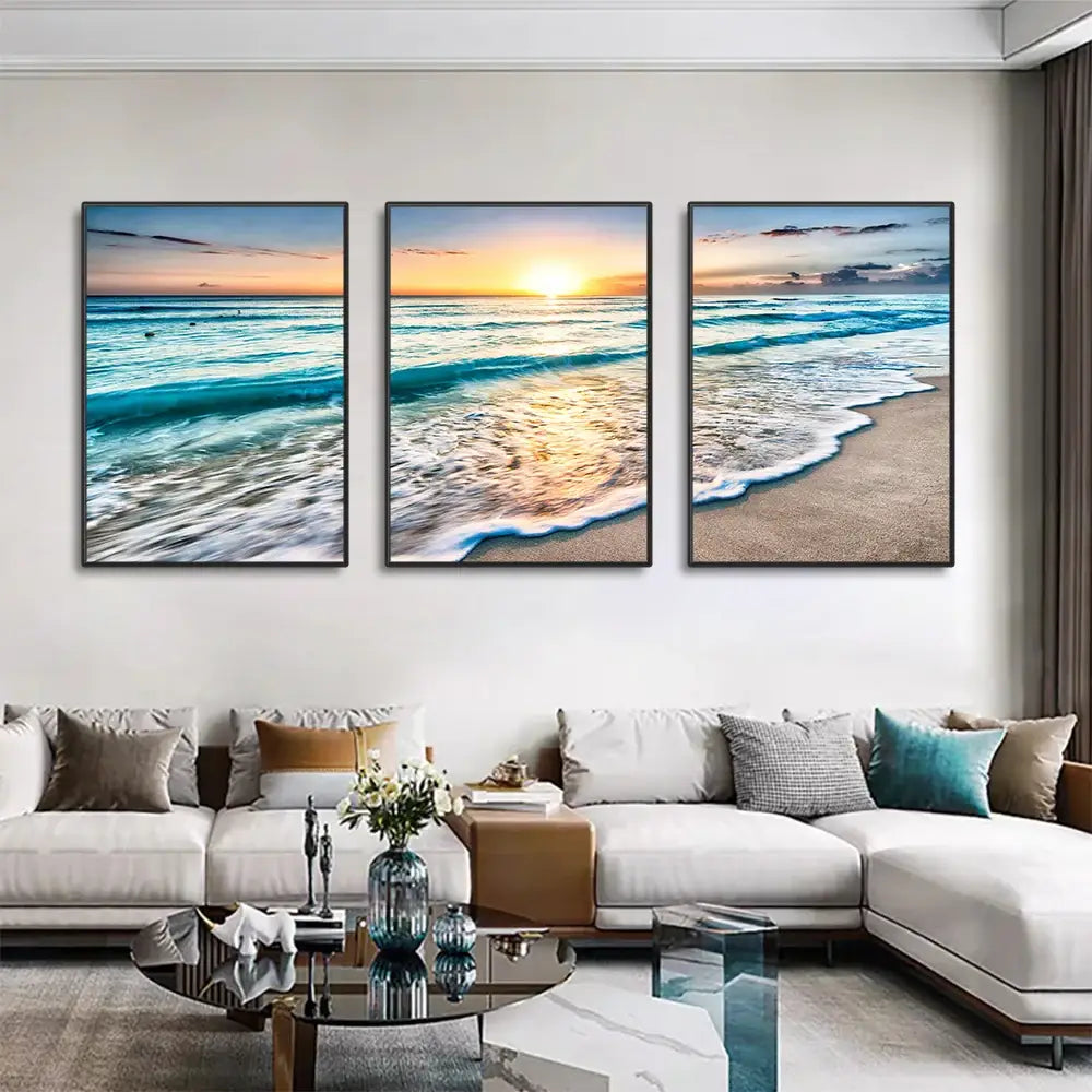 DecorBites™ modern three-panel beach sunset canvas wall art with vibrant turquoise and golden hues in sleek black frames