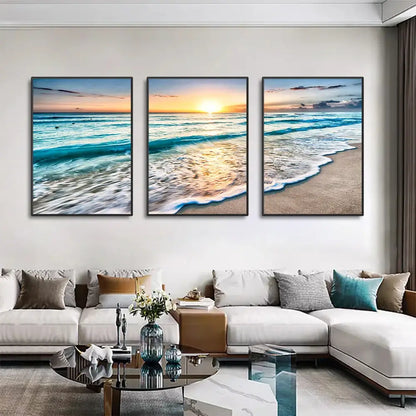 DecorBites™ modern three-panel beach sunset canvas wall art with vibrant turquoise and golden hues in sleek black frames