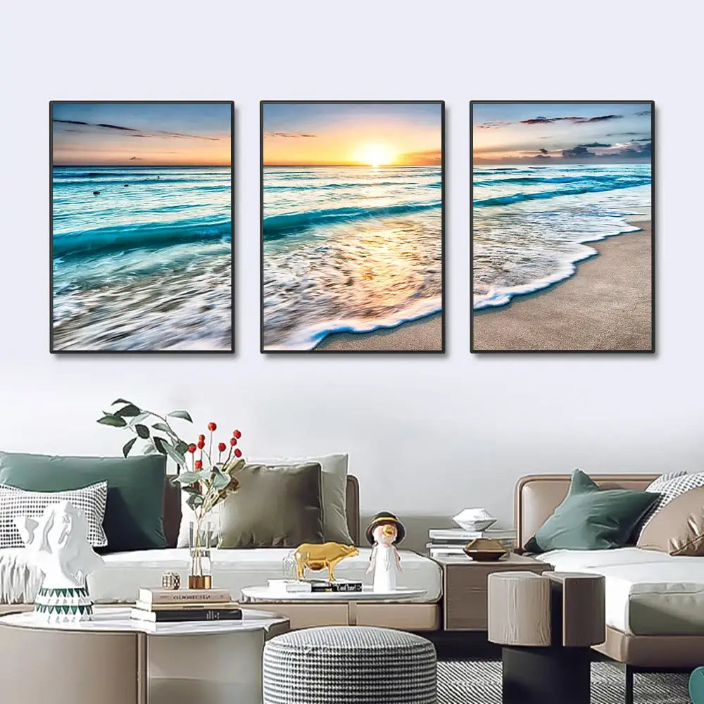 Three-panel decorbites modern beach sunset canvas wall art set with black frames featuring vibrant beach sunset colors