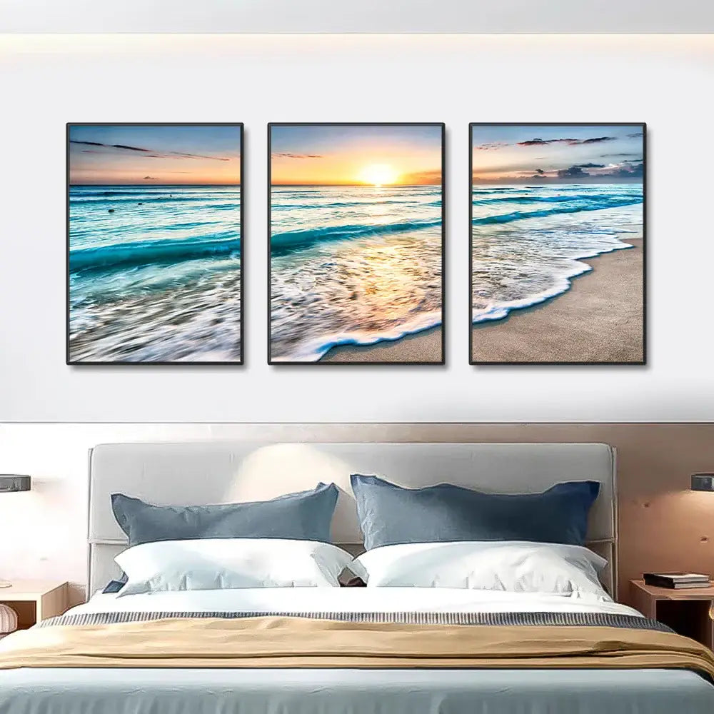 Decorbites™ modern three-panel beach sunset canvas wall art set with black frames features vibrant beach sunset colors