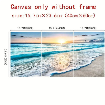 Decorbites™ modern beach sunset canvas wall art set featuring triptych panels with turquoise waves and golden sun glow