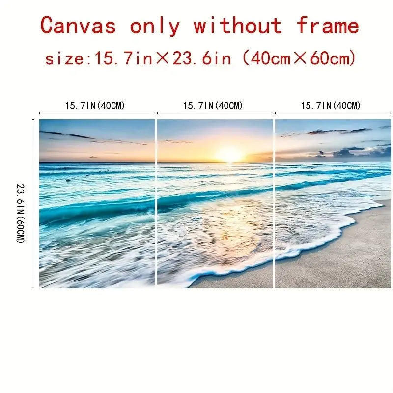 Decorbites™ modern beach sunset canvas wall art set featuring triptych panels with turquoise waves and golden sun glow