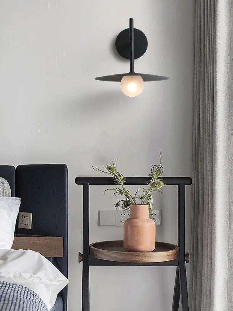 Decorbites™ modern bedside wall light black minimalist wall light with circular base and disc-shaped illuminated shade