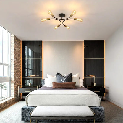 DecorBites™ modern black and gold sputnik chandelier ceiling light fixture with brass and multiple exposed bulb sockets