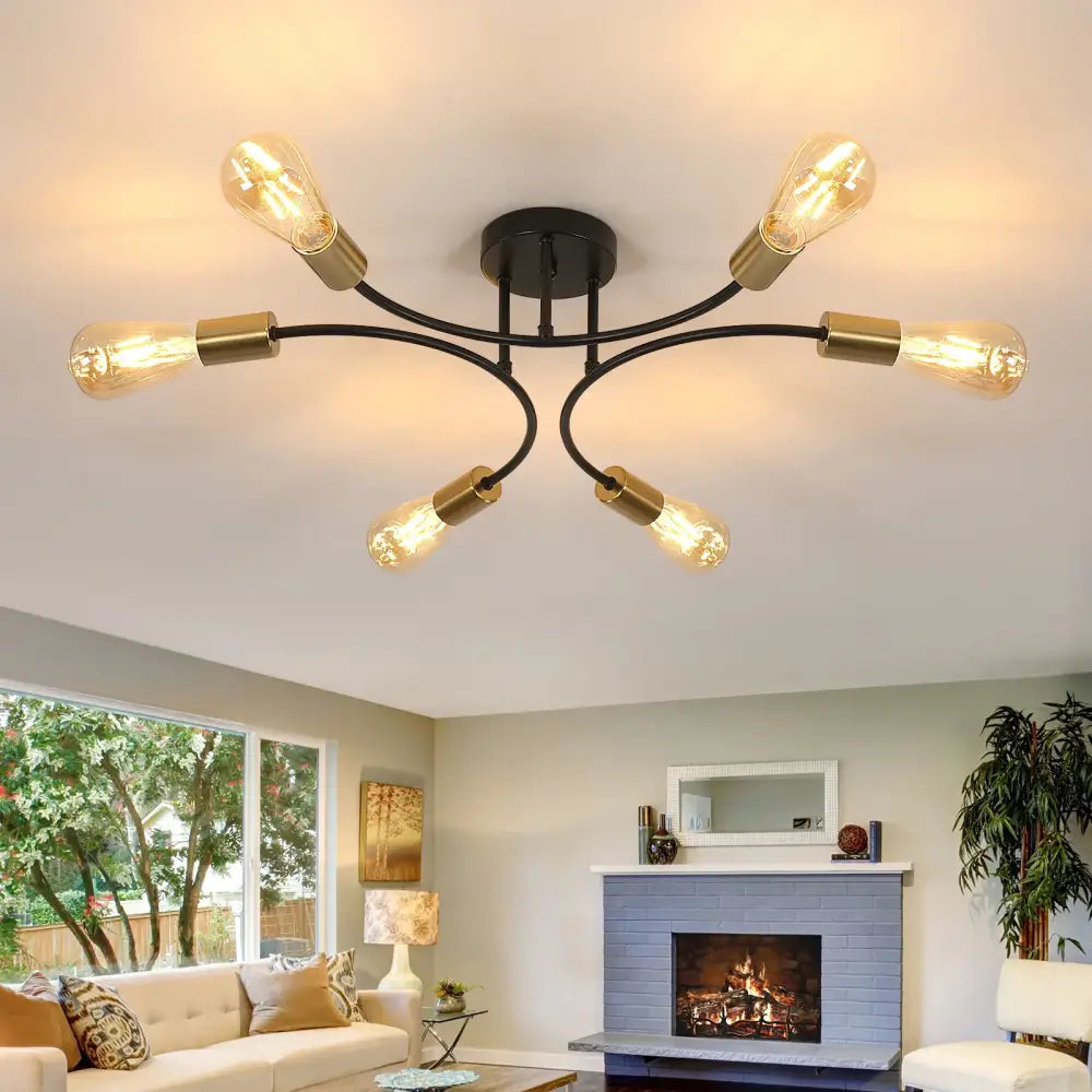 DecorBites™ modern black metal sputnik chandelier with six brass edison bulbs ceiling light fixture