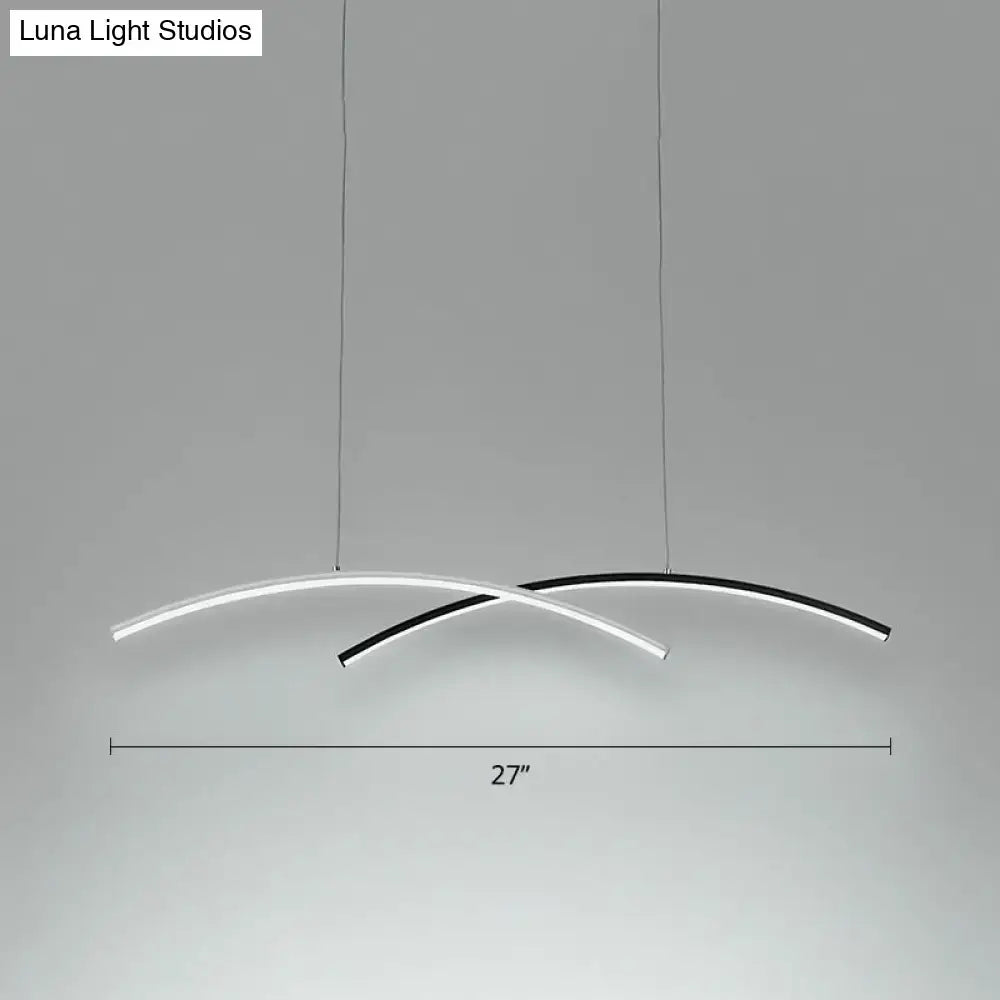 Modern minimalist DecorBites™ white arc ceiling pendant light with black and white curved LED strips in polished metal