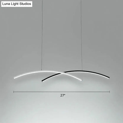 Modern minimalist DecorBites™ white arc ceiling pendant light with black and white curved LED strips in polished metal