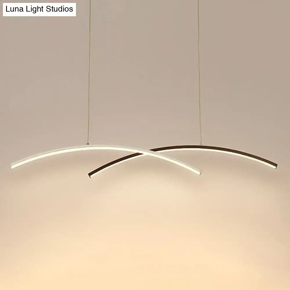 DecorBites modern black and white arc ceiling LED island light with two curved intersecting strips for living room