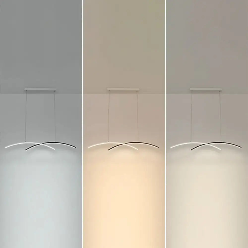 Modern minimalist pendant light with two curved intersecting led strips in black and white for white arc ceiling use