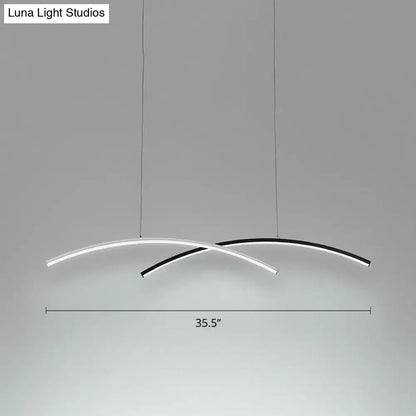 Decorbites modern black and white arc ceiling LED island light with two curved white and black metal arcs with integrated lighting