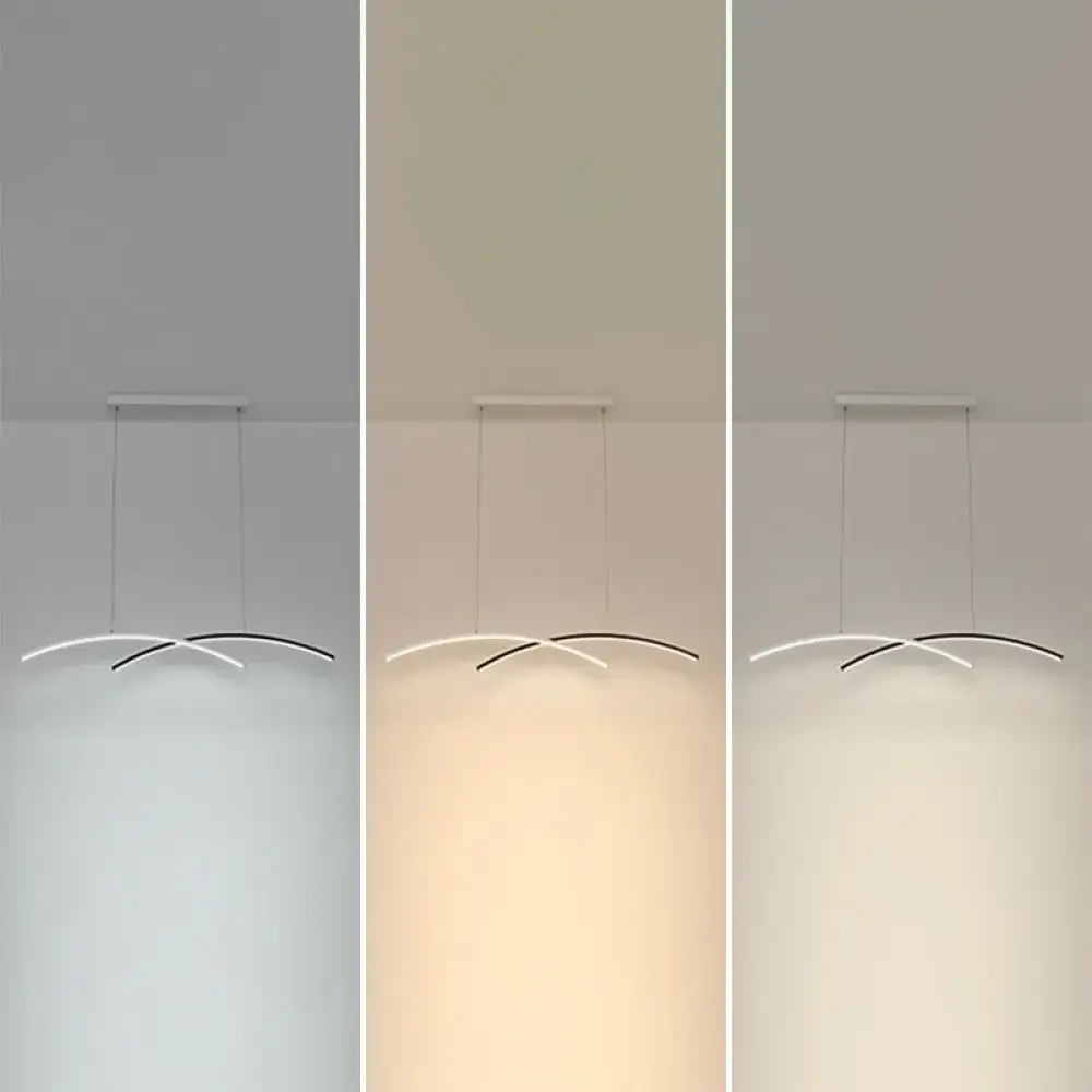 DecorBites™ modern black and white arc ceiling LED island light with two curved arms and adjustable warm or cool lighting