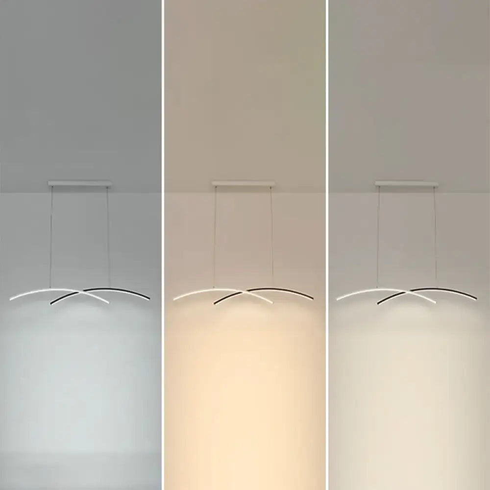 DecorBites™ modern black and white arc ceiling led island light with two curved intersecting strips and adjustable tones