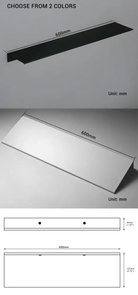DecorBites modern black and white aluminum alloy organizer shelf 600mm long with two mounting holes and sleek design