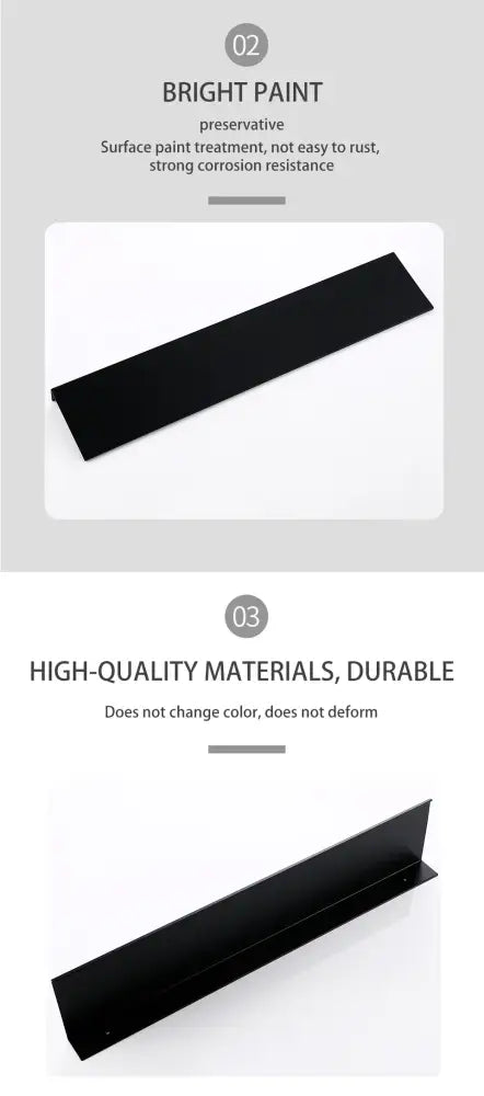 Black rectangular metal shelf bracket with a smooth glossy finish and reinforced corners for DecorBites™ aluminum alloy organizer shelf