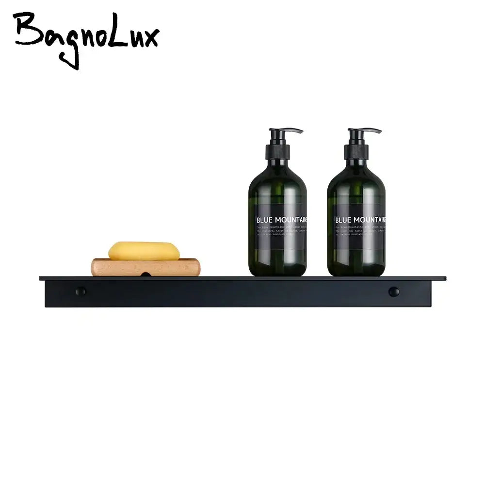 Decorbites™ modern black metal organizer shelf with white aluminum alloy holds dark green pump bottles and wooden soap dish