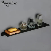 DecorBites™ modern black metal organizer shelf with wooden soap dish and perfume bottles in white aluminum alloy design