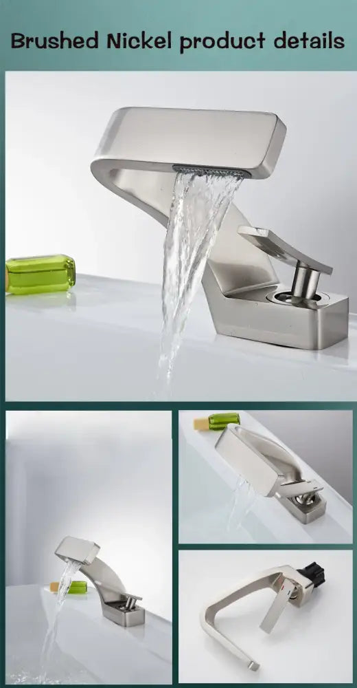 DecorBites modern black bathroom sink faucet with brushed nickel waterfall spout and single handle for flow control