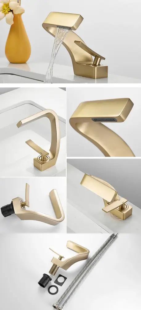 Decorbites™ modern black bathroom sink faucet with gold-colored brushed metal finish and sleek angular design