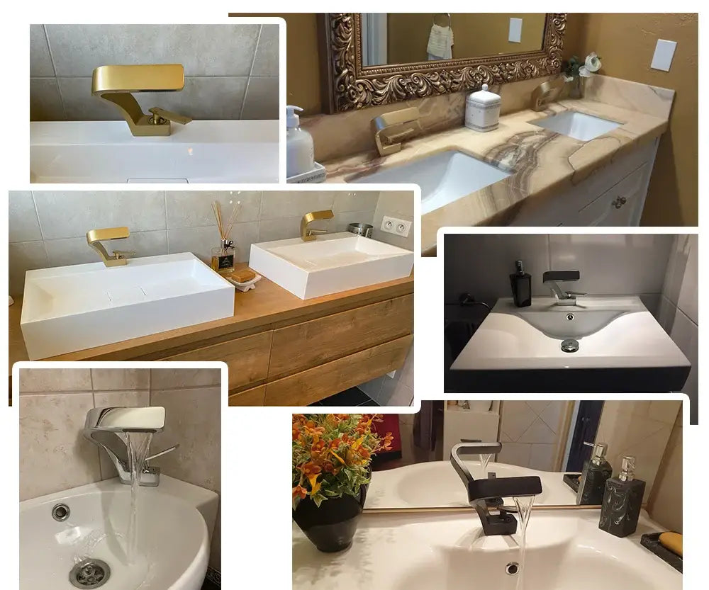 DecorBites™ modern black bathroom sink faucet with gold finish and sleek minimalist rectangular spout design
