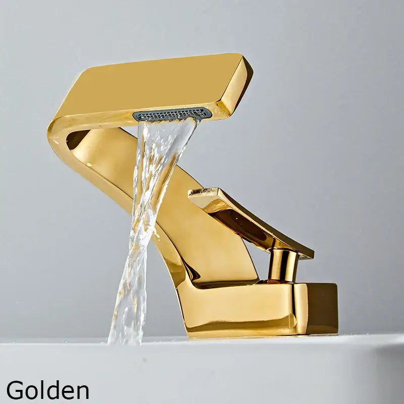 Golden modern faucet with sleek angular design and polished metallic finish for modern black bathroom sink use
