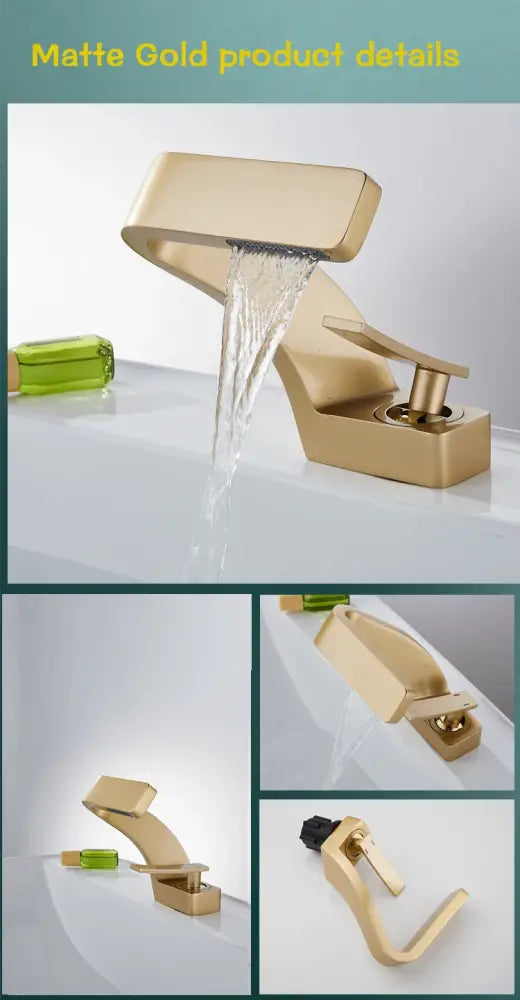 Matte gold waterfall faucet with modern angular design and sleek finish for decorbites modern black bathroom sink