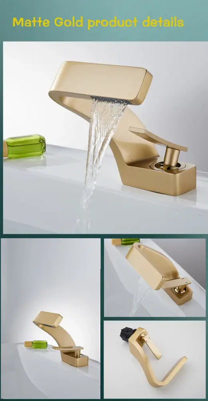 Matte gold waterfall faucet with modern angular design and sleek finish for decorbites modern black bathroom sink