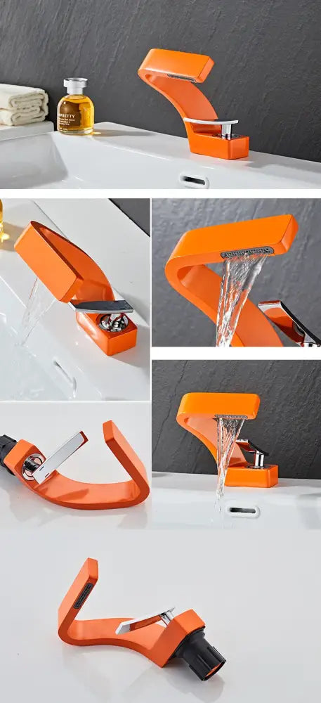 Vibrant orange modern faucet with sleek angular design and chrome accents for decorbites modern black bathroom sink