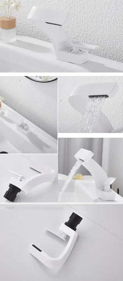 Decorbites modern black bathroom sink faucet featuring a white waterfall design with sleek curved black handle accents