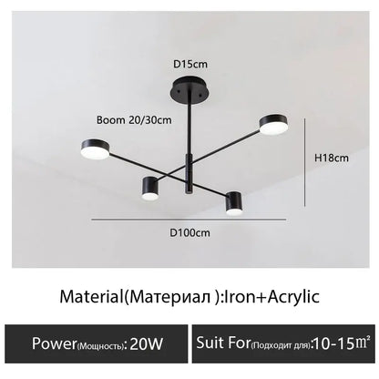 Decorbites™ modern black chandelier with four circular lights made of iron and acrylic for nordic style home lighting