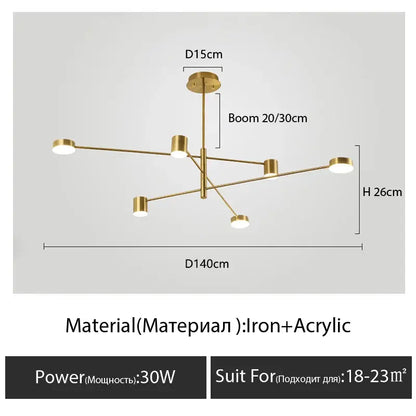 DecorBites™ modern black chandelier with six cylindrical gold-toned acrylic lights and iron frame for nordic style home