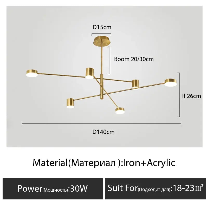 DecorBites™ modern black chandelier with six cylindrical gold-toned acrylic lights and iron frame for nordic style home