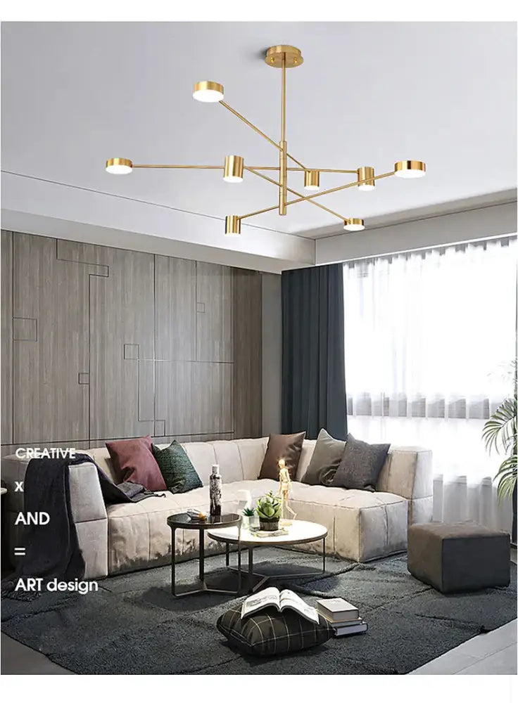 DecorBites™ modern black chandelier with gold-toned cylindrical lights in a simple black nordic style home design