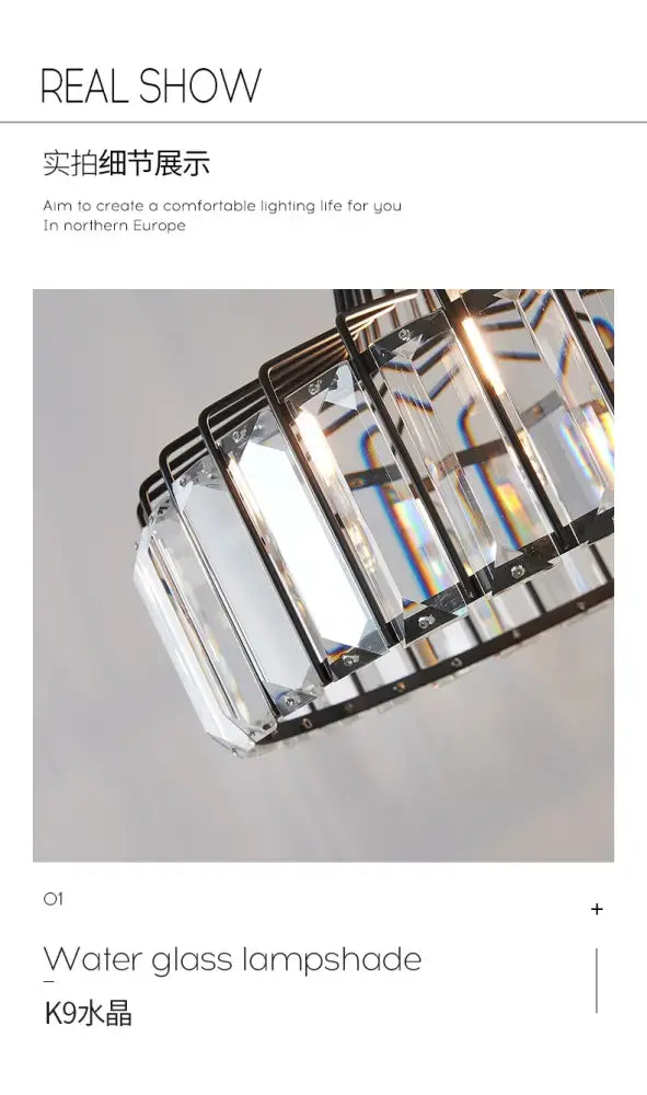 DecorBites™ modern black crystal LED pendant lamp with clear k9 crystal glass prisms in geometric metal frame