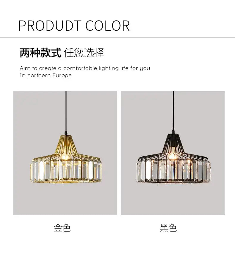 DecorBites modern black crystal led pendant lamp with geometric cage design and clear crystal glass accents