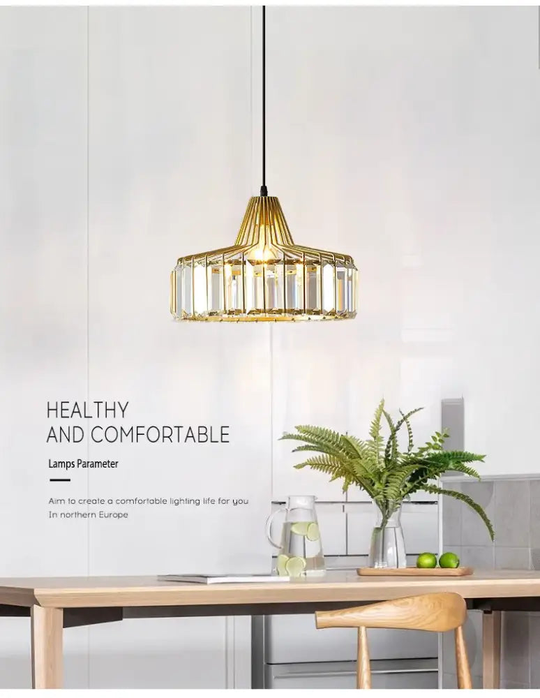 Decorbites™ modern black crystal led pendant chandelier with gold-toned geometric cage design and clear crystal glass accents