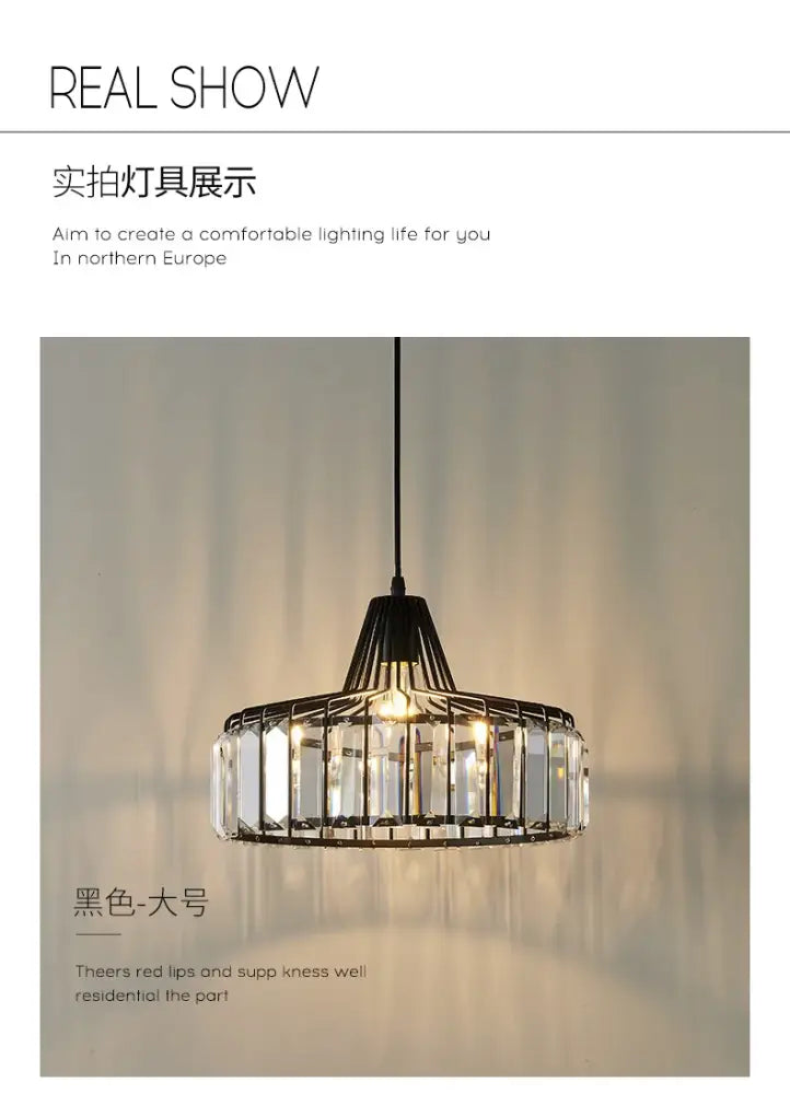 DecorBites™ modern black metal pendant lamp with clear crystal glass accents and nordic LED crystal lighting