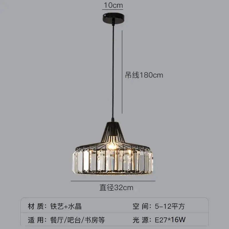 Modern black metal pendant lamp with clear crystal glass accents and 180cm chain for nordic led crystal lighting