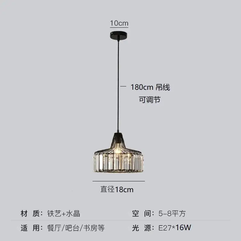 DecorBites™ modern black pendant lamp with crystal glass prisms and adjustable 180cm cord for dining and bar areas