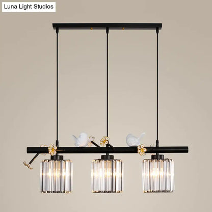 DecorBites™ modern black cylinder island light pendant with three crystal shades and decorative white ceramic birds