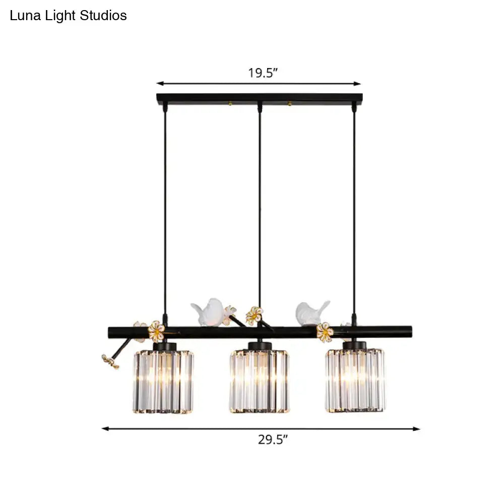 Decorbites modern black cylinder island light pendant with three crystal shades and white ceramic bird accents