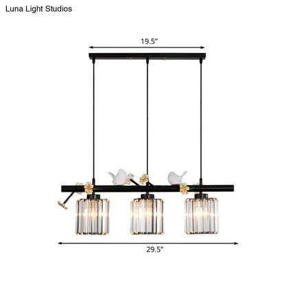 Decorbites modern black cylinder island light pendant with three crystal shades and white ceramic bird accents