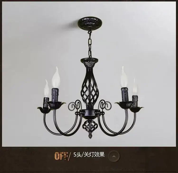 Decorbites™ modern black iron chandelier with ornate scrollwork and five candle-style bulbs for living room lighting