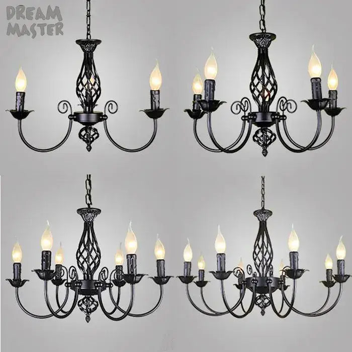 Decorbites™ modern black iron chandelier with intricate scrollwork and candle-style bulbs for living room lighting