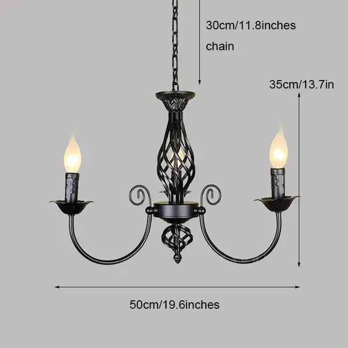 Decorbites™ modern black iron chandelier with intricate lattice design and three candle-style lights for living room