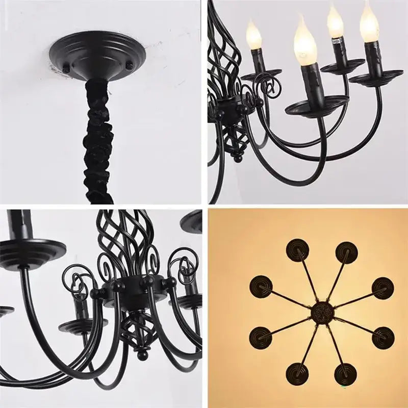 Decorbites modern black iron chandelier with ornate twisted arms and candle-style bulbs for living room lighting