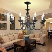 Decorbites™ modern black iron chandelier with ornate scrollwork and six candle-style bulbs for living room