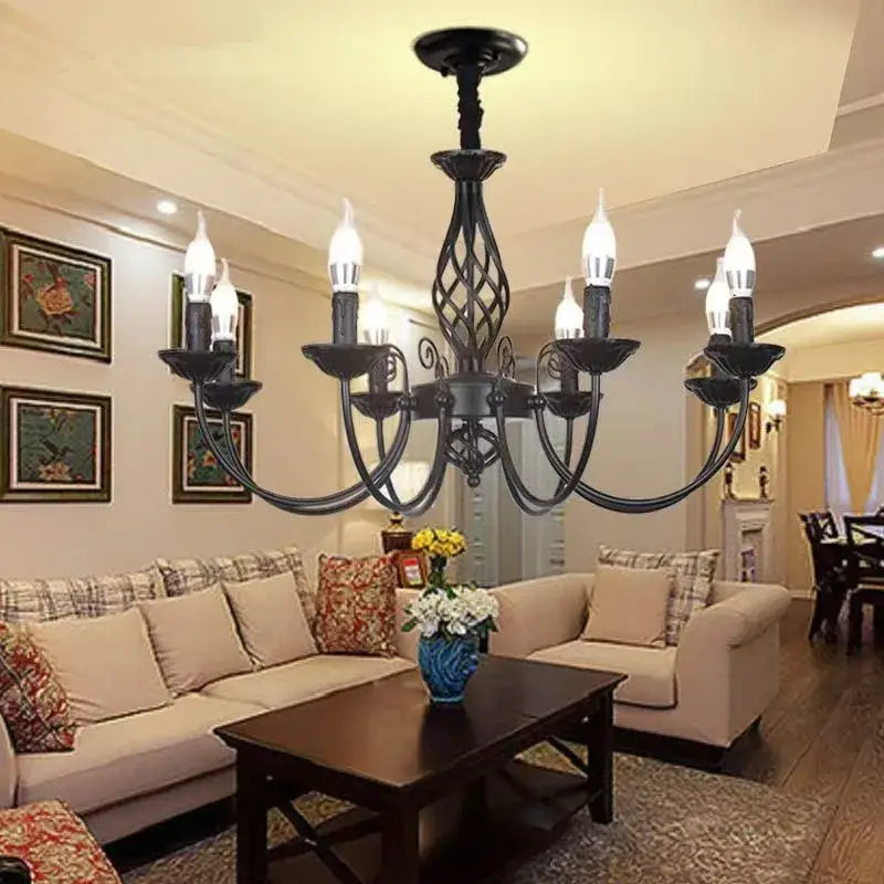 Decorbites™ modern black iron chandelier with ornate scrollwork and six candle-style bulbs for living room