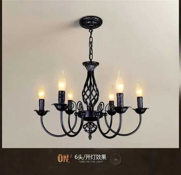 DecorBites™ modern black iron chandelier with six candle-style bulbs for living room lighting