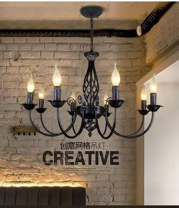 DecorBites™ modern black iron chandelier with six candle-style bulbs for living room lighting