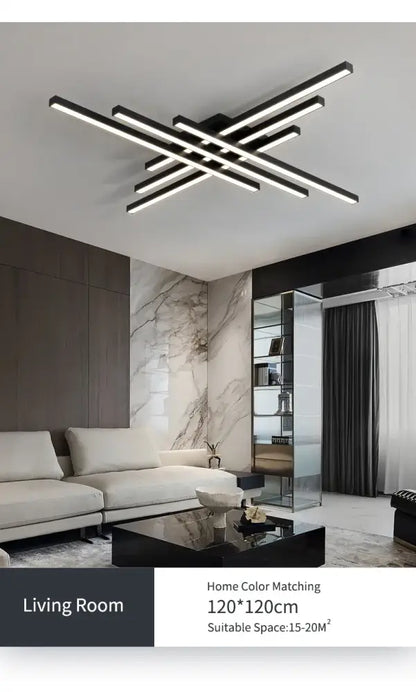 DecorBites™ modern black chandelier square LED ceiling light with intersecting rectangular bars for bedroom and living room